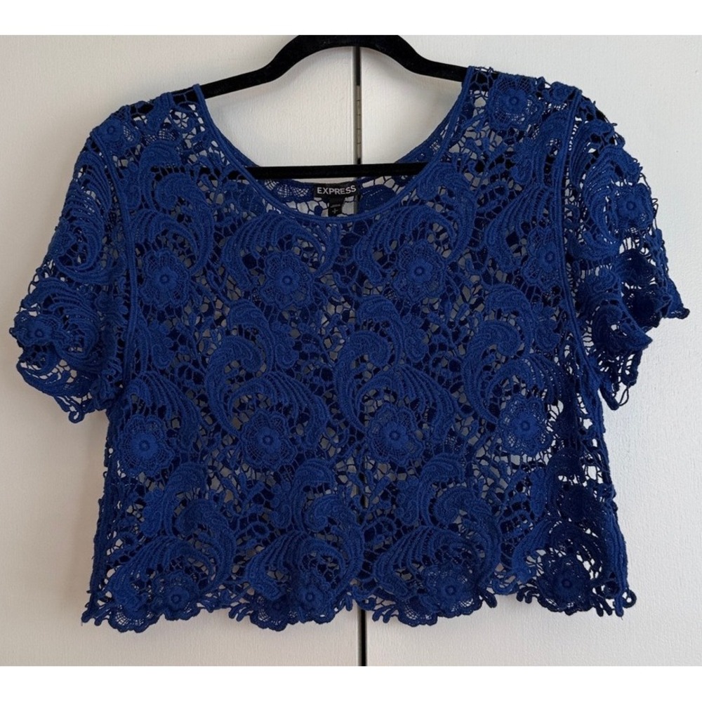 Express Blue Crochet Lace Crop Top Short Sleeve Sheer Boho Festival Size S‎